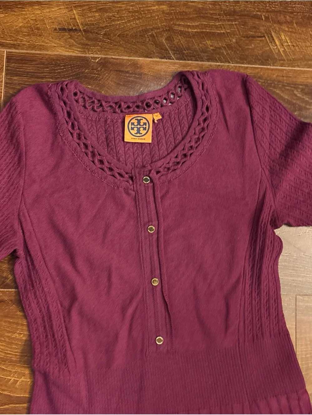 Tory Burch Medium Ashlyn Knit Henley Sweater Dress Maroon Short Sleeve Sheath